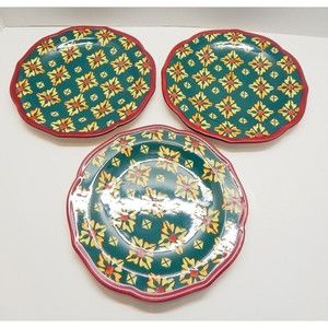 Pioneer Woman Vintage Geo Salad Plates Green Yellow Red Trim Stoneware Set of 3
